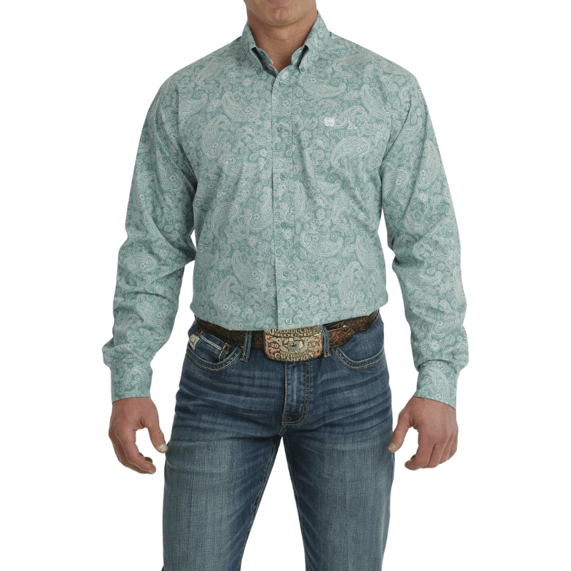Cinch Men's Turquoise/White Paisley Print Long Sleeve Button Down West Russell's Western Wear, Inc. Cinch Men's Turquoise/White Paisley Print Long Sleeve Button Down West Russell's Western Wear, Inc.