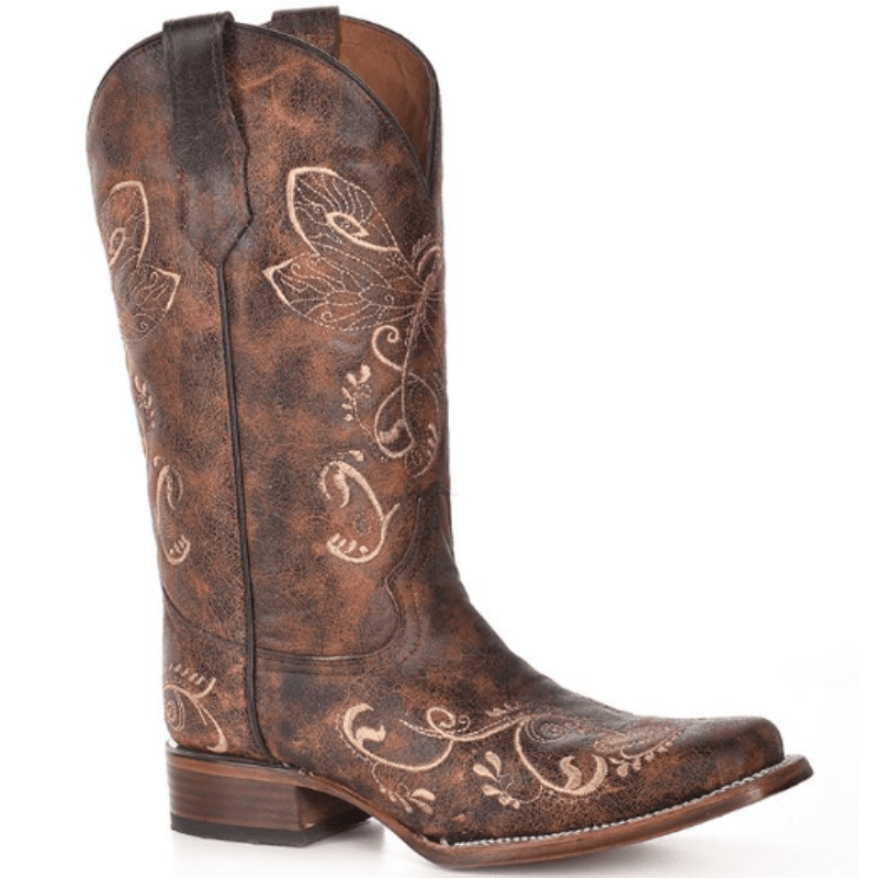 CORRAL BOOTS Boots Circle G Women's Distressed Brown/Bone Dragonfly Embroidery Square Toe Cowgirl Boots L5079