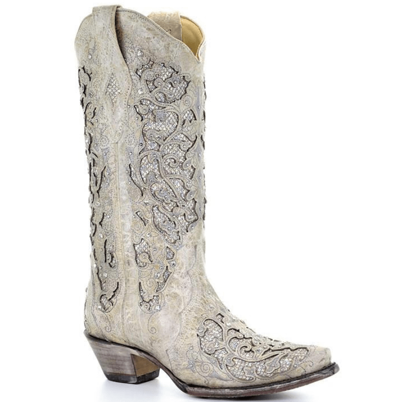 Corral Women's White Leather Glitter Inlay Cowgirl Boots A3322