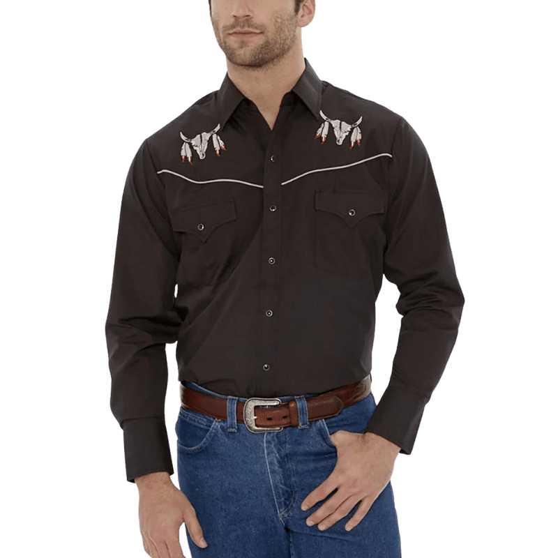 Ely Cattleman Men's Black Embroidered Skull Long Sleeve Western