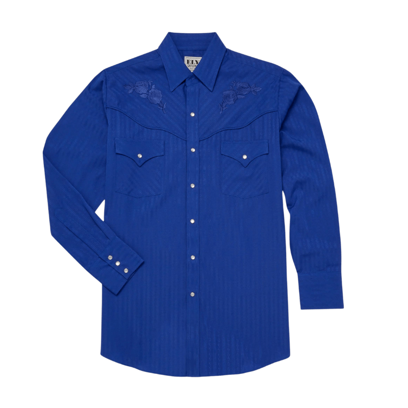 Ely Cattleman Men's Royal Blue Rose Embroidery Long Sleeve Western