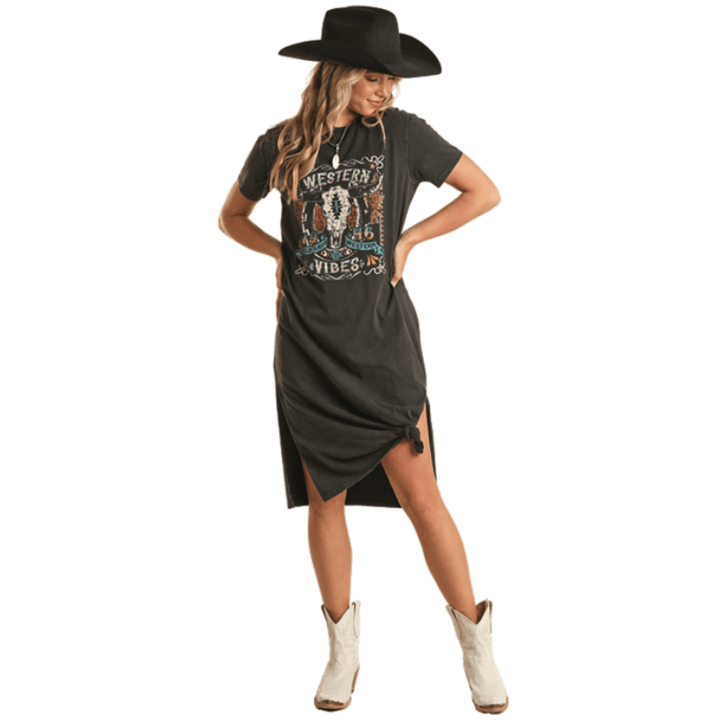 PANHANDLE Dress Rock & Roll Cowgirl Black Midi T-Shirt Dress BWD1R02035