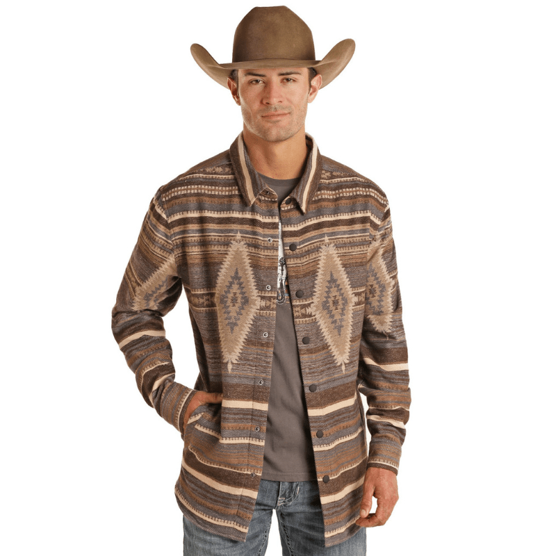 Rock Roll Denim Men's Aztec Brown Long Sleeve Shirt Jacket
