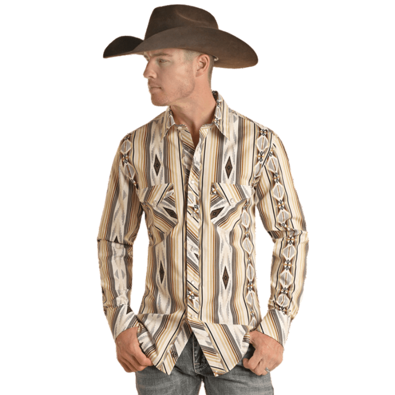Panhandle Men's Tan Aztec Stripe Long Sleeve Western Snap Shirt Panhandle Men's Tan Aztec Stripe Long Sleeve Western Snap Shirt