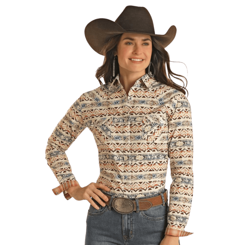 Panhandle Women's Southwestern Print Long Sleeve Western Snap Shirt RW Panhandle Women's Southwestern Print Long Sleeve Western Snap Shirt RW