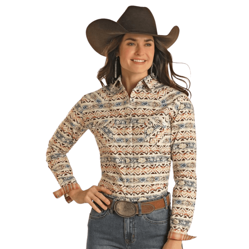 PANHANDLE SLIM Shirts Panhandle Women's Southwestern Print Long Sleeve Western Snap Shirt RWN2S02817