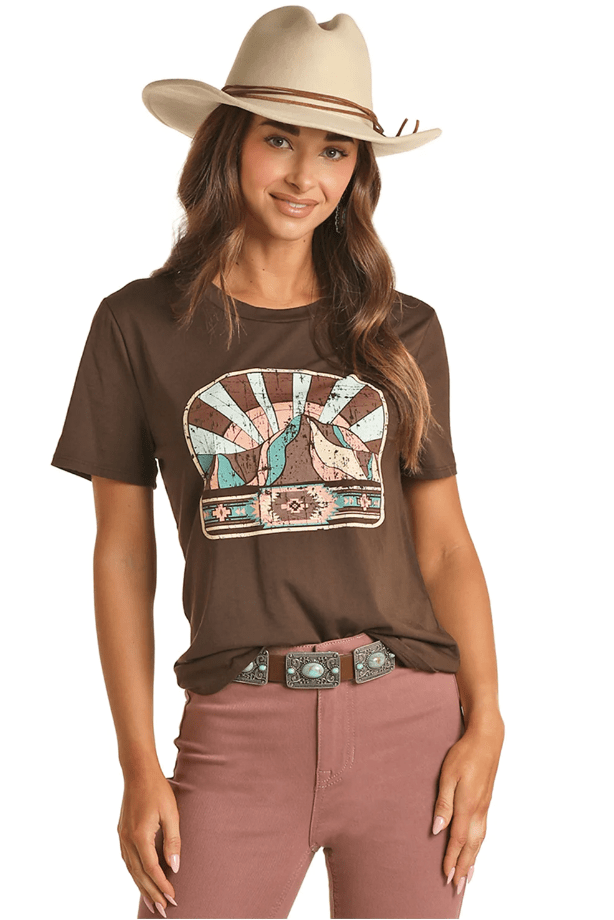 Rock Roll Cowgirl Women's Brown Mountain Scene Short Sleeve T