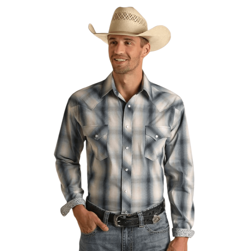 Rock Roll Denim Blue Plaid Long Sleeve Western Snap Shirt