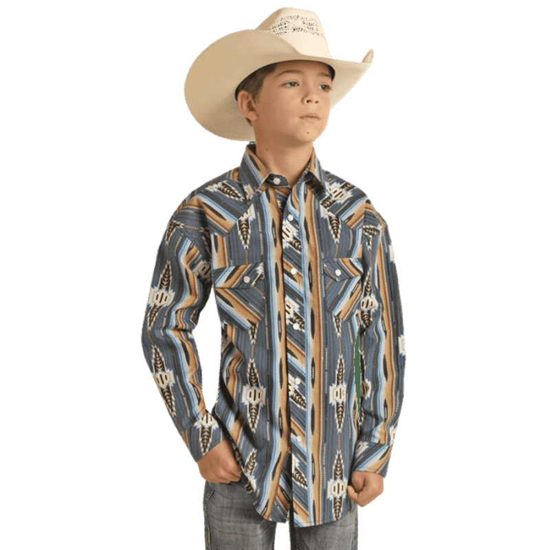 PANHANDLE SLIM Shirts Rock & Roll Denim Boys Blue and Tan Vintage Aztec Stripe Long Sleeve Snap Front Shirt RRBSOSR0PS