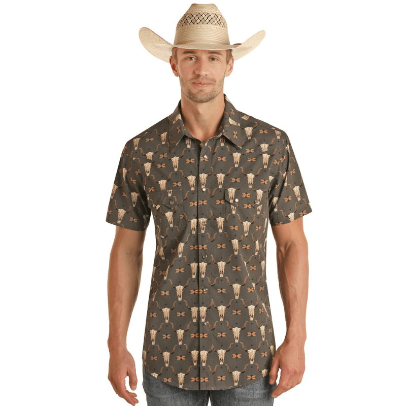mens short sleeve western dress shirts Rock & Roll Denim Men's Black Skull Print Short Sleeve Western Snap Sh – Russell's Western Wear, Inc