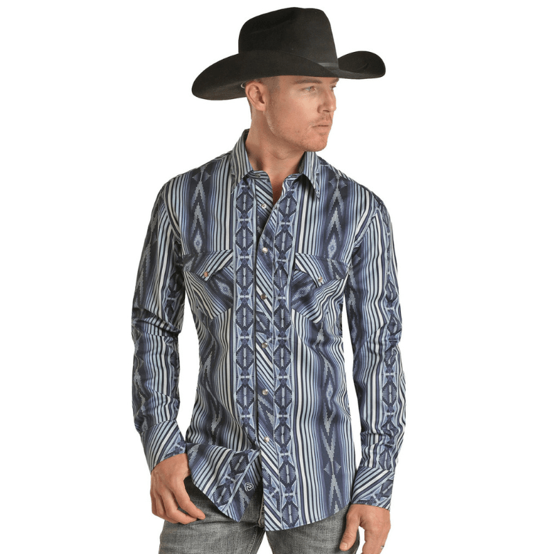 Rock & Roll Denim Men's Blue Aztec print Long Sleeve Western Snap Shir Russell's Western Wear, Inc. Rock & Roll Denim Men's Blue Aztec print Long Sleeve Western Snap Shir Russell's Western Wear, Inc.