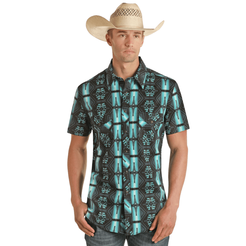 PANHANDLE SLIM Shirts Rock & Roll Denim Men's Teal & Grey Aztec Print Short Sleeve Western Snap Shirt RRMS1SR0Q1