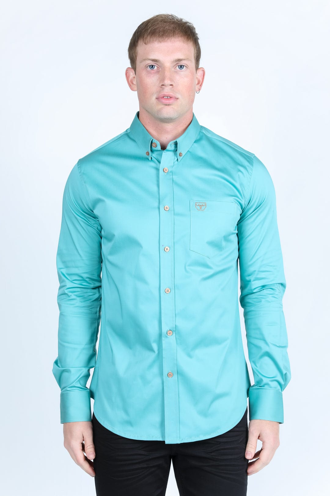 Platini Fashion Shirts Men’s Single Pocket Logo Modern Fit Stretch Dress Shirt - Turquoise