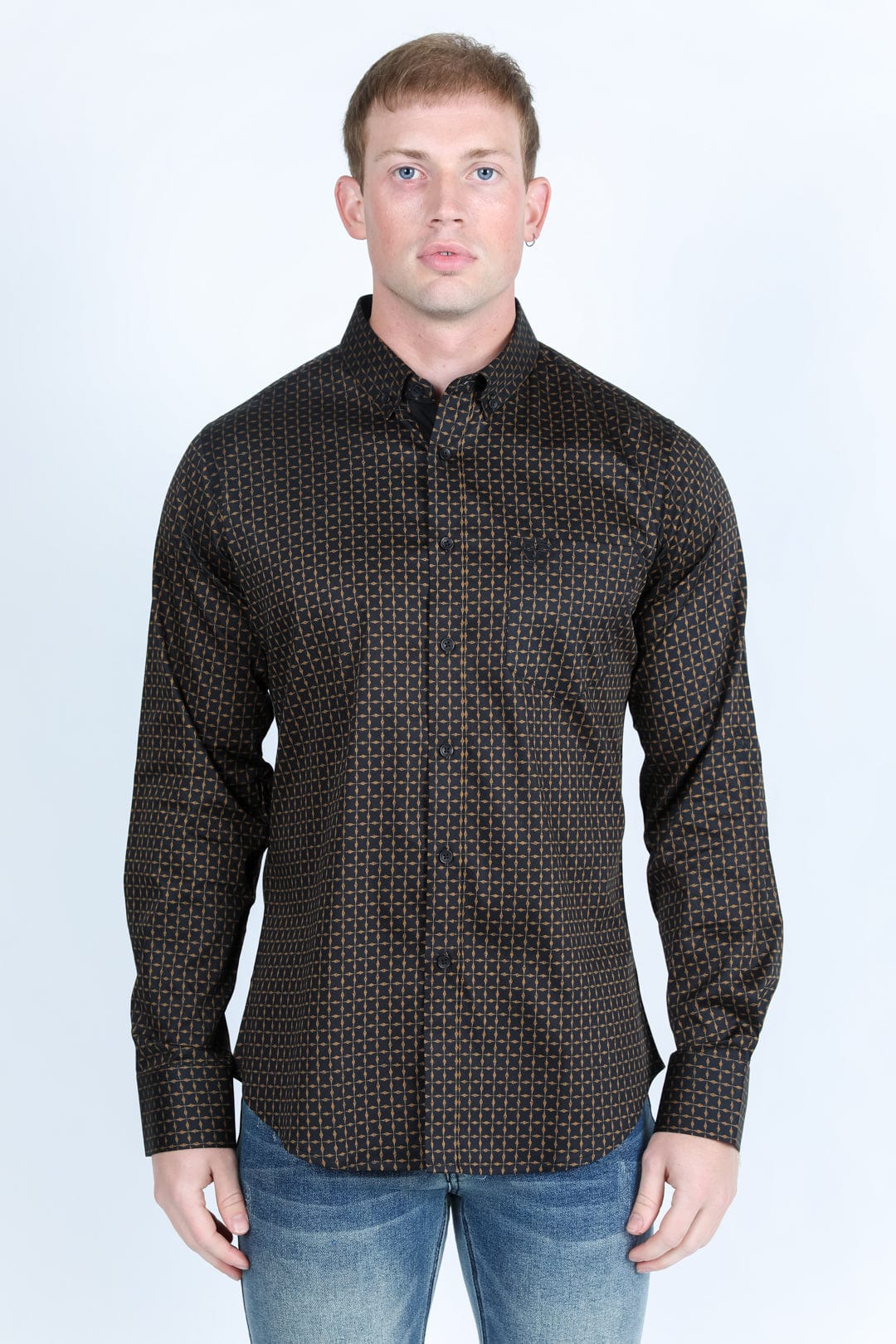Platini Fashion Shirts Mens Satin Cotton/Spandex Modern Fit Long Sleeve Shirt - Black