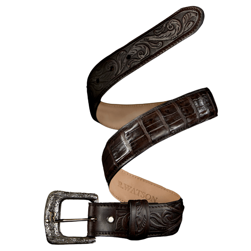 R. Watson Men's Chocolate Caiman Belly Tail Glazed Belt RWB2307