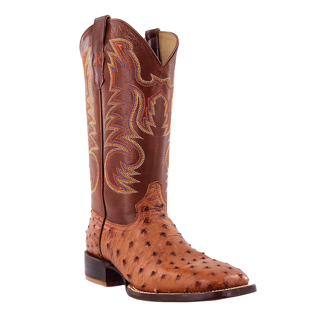 R Watson Men's Cognac Bruciato Ostrich Exotic Western Boots RW4502