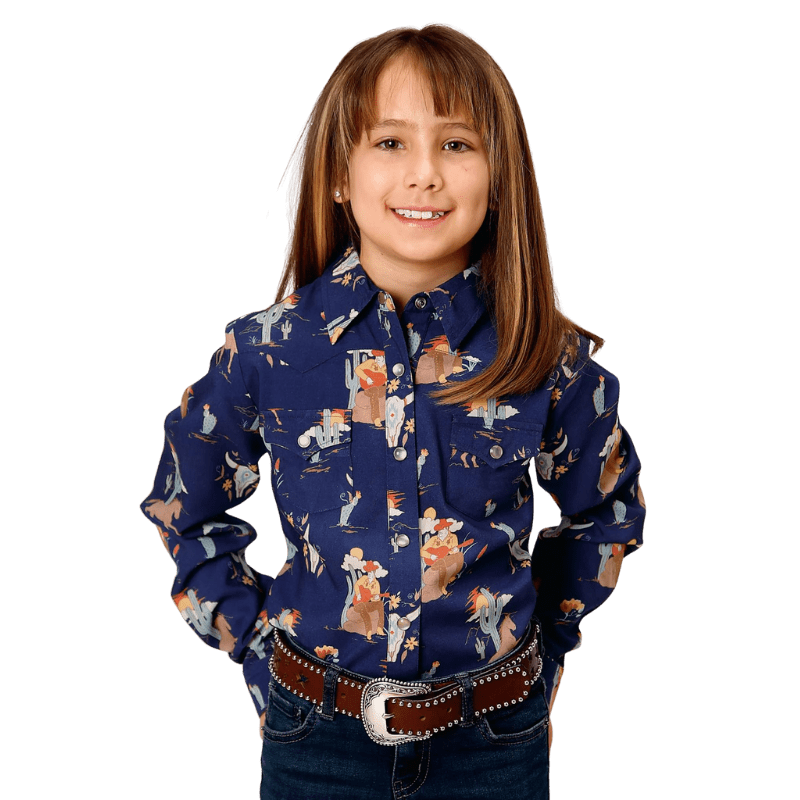 Roper Girls Blue Cowboy Toile Print Long Sleeve Western Snap Shirt
