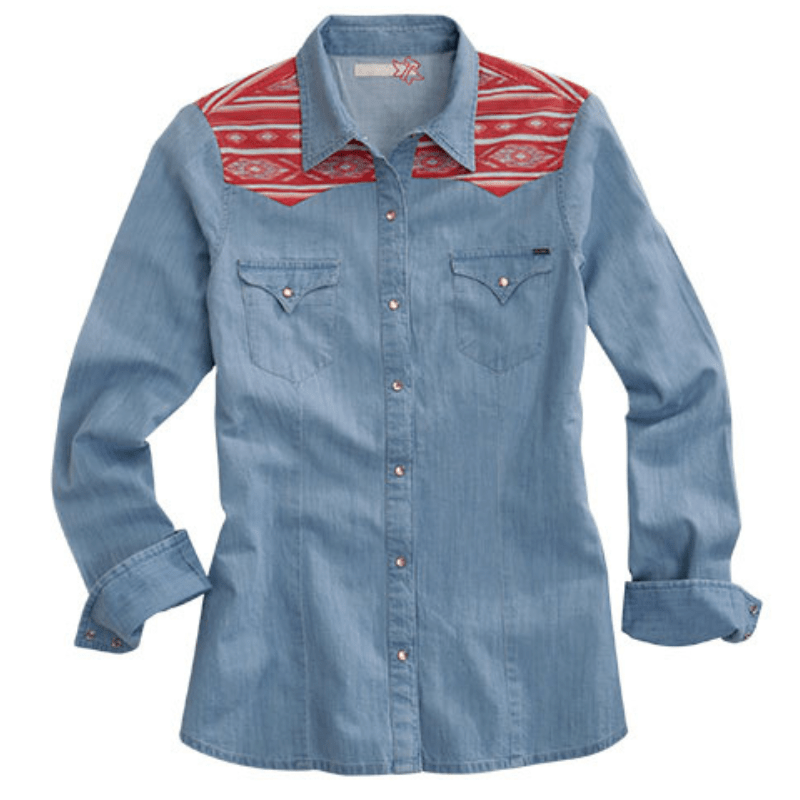 Tin Haul Women's Denim Aztec Print Long Sleeve Western Snap Shirt Tin Haul Women's Denim Aztec Print Long Sleeve Western Snap Shirt