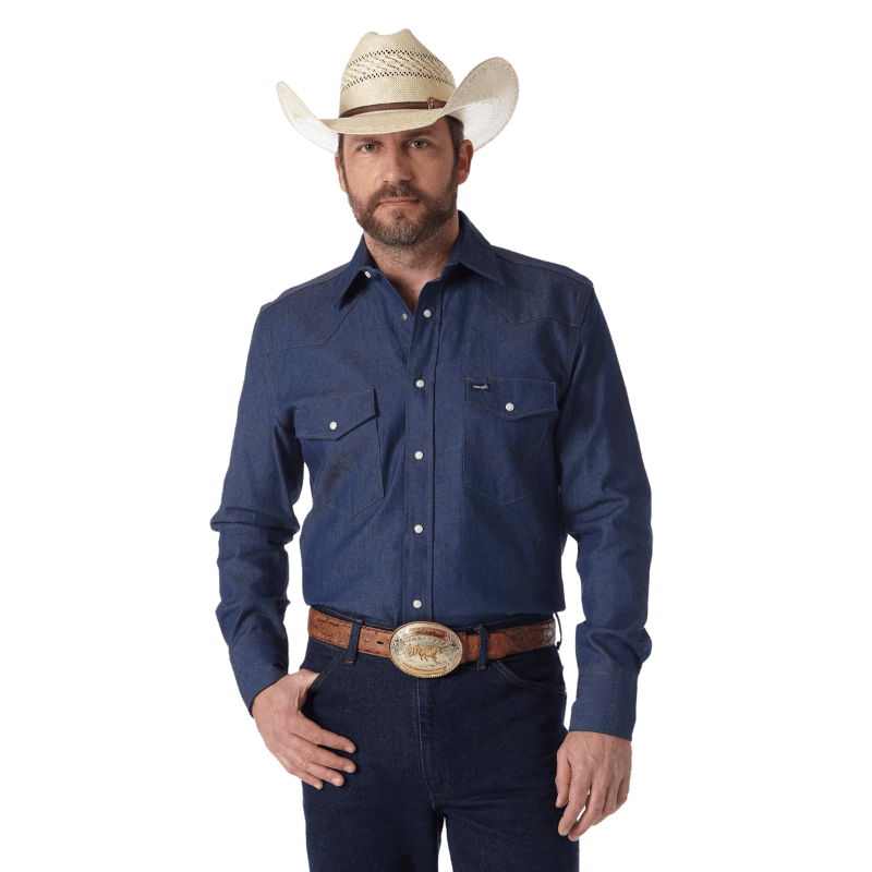 WRANGLER JEANS Shirts Wrangler Men’s Cowboy Cut Blue Firm Finish Long Sleeve Western Work Shirt MS70119