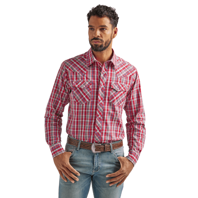 Wrangler Men's Fashion Med Red Long Sleeve Western Snap Plaid