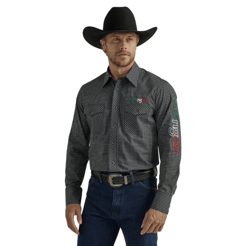 Wrangler Men's Mexico Black & White Plaid Print Embroidery Long Sleeve Wrangler Men's Mexico Black & White Plaid Print Embroidery Long Sleeve