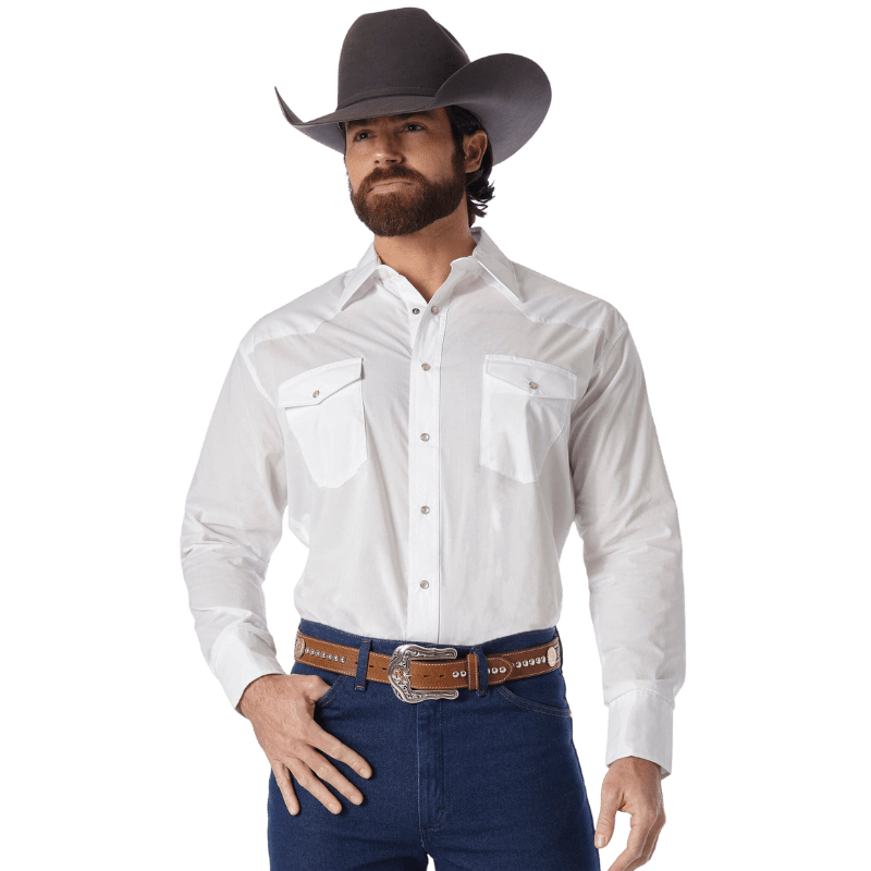 Wrangler Men's White Long Sleeve Broadcloth Western Snap Shirt