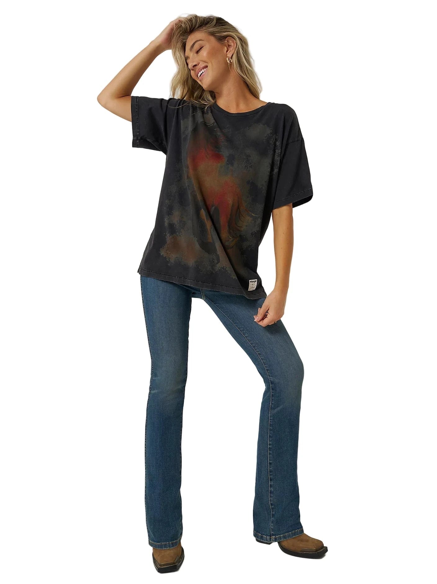 Wrangler X Lainey Wilson Boot Huggers Jeans Donna - Vita Alta, Denim Elasticizzato, Ricamo Esclusivo, Colore Blu Scuro