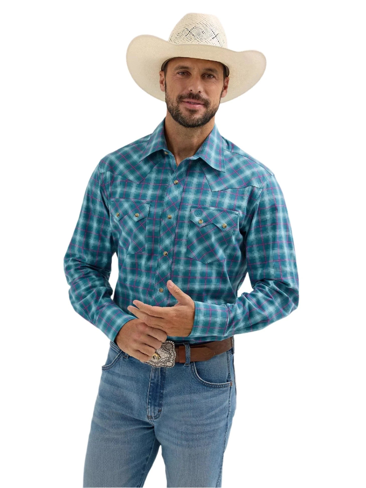 Wrangler Men's Contrast Turquoise Long Sleeve Western Shirt
