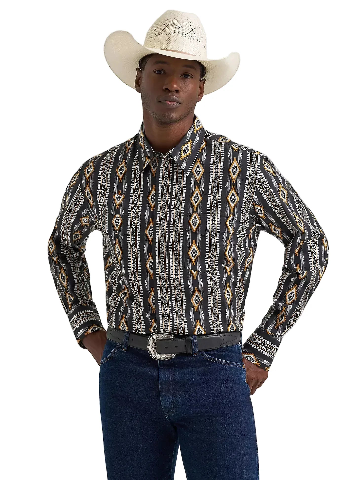 Wrangler Men's Checotah Long Sleeve Western Snap Printed Shirt Black / L / Reg