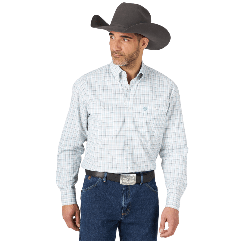 WRANGLER Shirts Wrangler Men's George Strait Sea/Multi Color Plaid Long Sleeve Button Down Western Shirt MGSQ960