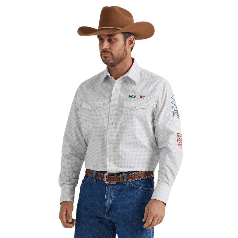 Wrangler Men's Logo Mexico Printed White Long Sleeve Wester Snap Shirt Russell's Western Wear, Inc. Wrangler Men's Logo Mexico Printed White Long Sleeve Wester Snap Shirt Russell's Western Wear, Inc.
