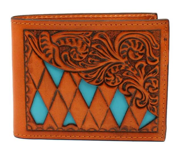 M&F WESTERN Wallet 3D Leather Men's Natural Floral Tooled Turquoise Cutout Bifold Wallet DW731