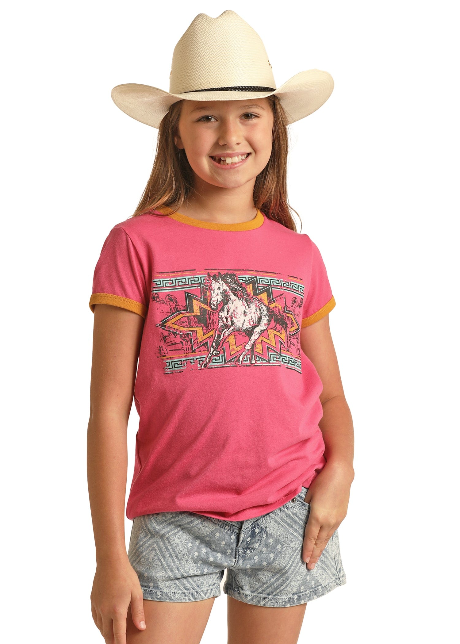 Rock & Roll Cowgirl Girls Hot Pink Horse Short Sleeve Graphic Tee 