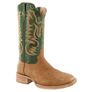 R WATSON BOOTS Boots R. Watson Men's Antique Saddle/Forest Green Goat Smooth Ostrich Wide Square Toe Western Boots RW5003-2