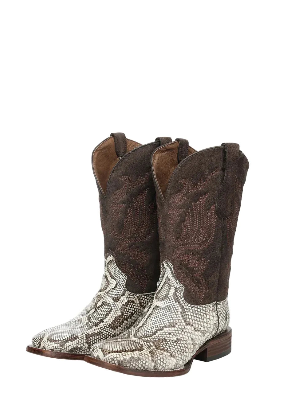 A pair of western cowboy boots featuring dark brown shafts with embroidered detailing and beige-and-white snakeskin-patterned feet, shown against a light gray background.