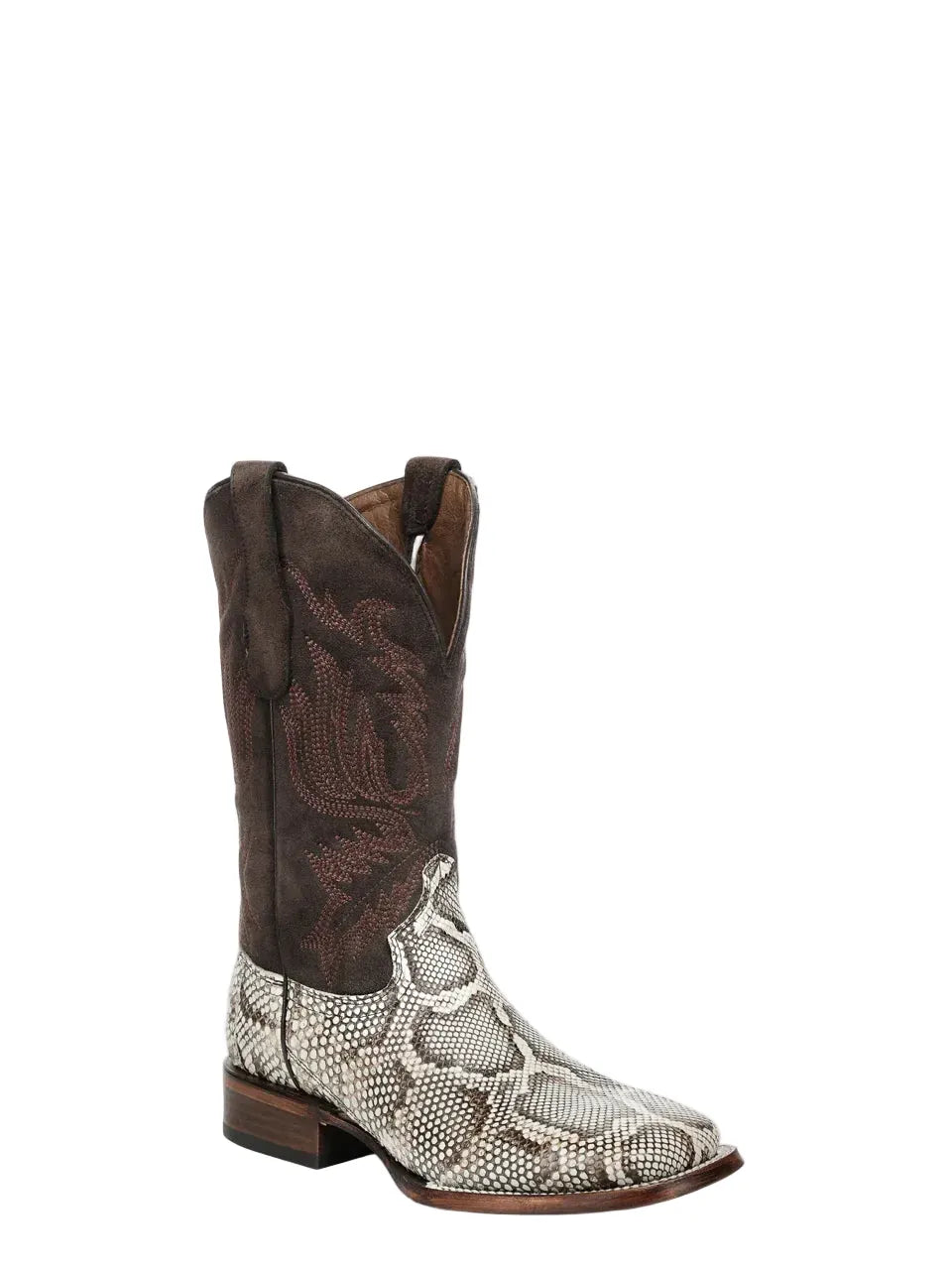 Cowboy boot with brown top and snake print bottom on a white background