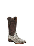 Cowboy boot with brown top and snake print bottom on a white background
