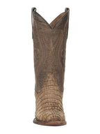 A single tall western boot shown from the back on a plain white background. The boot is made of distressed brown leather with a textured, reptile-embossed pattern on the lower section and decorative stitching on the shaft.