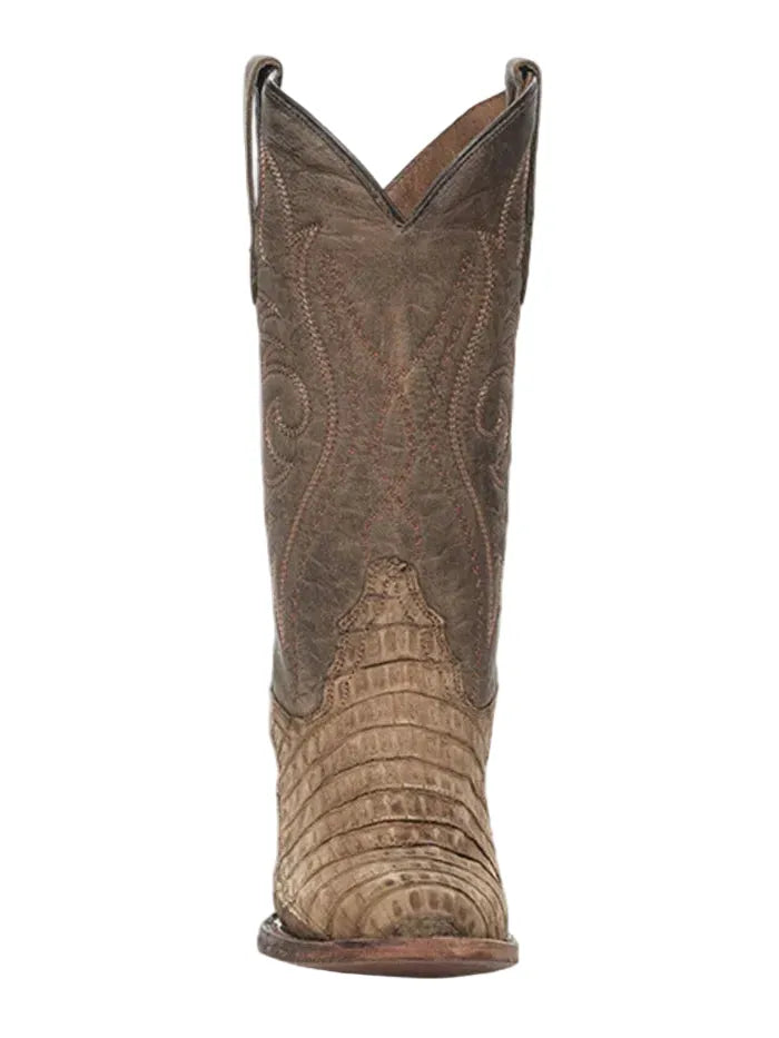 A single tall western boot shown from the back on a plain white background. The boot is made of distressed brown leather with a textured, reptile-embossed pattern on the lower section and decorative stitching on the shaft.
