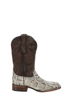 Brown cowboy boot with snake skin pattern on a white background