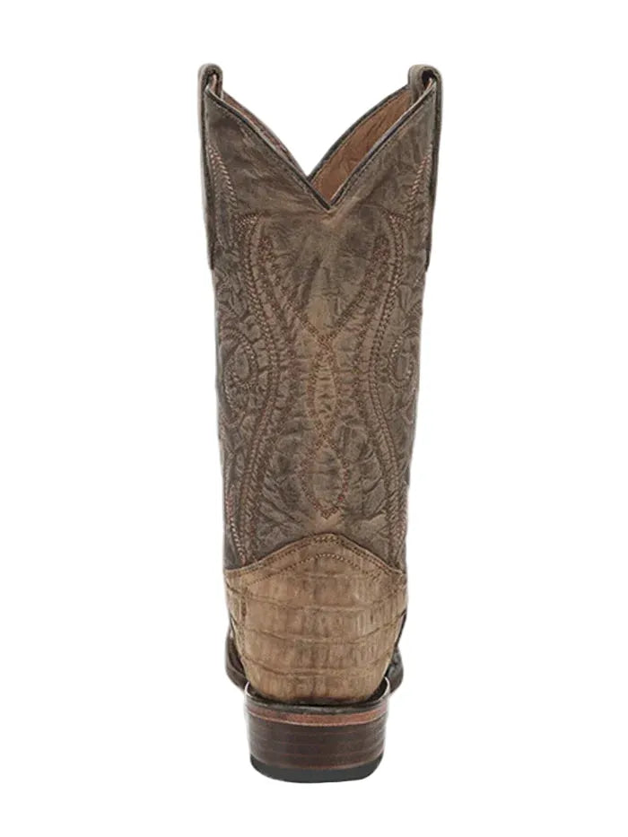 A single brown western cowboy boot shown from the back on a plain white background, featuring embossed floral detailing and a textured leather vamp.