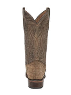 A single brown western cowboy boot shown from the back on a plain white background, featuring embossed floral detailing and a textured leather vamp.
