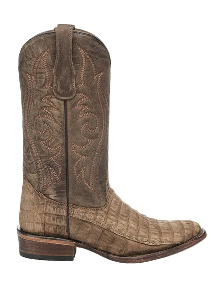 A single brown western cowboy boot with a crocodile-embossed toe and shaft embroidery, shown from a side profile on a white background.