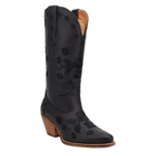 A black leather cowboy boot with floral embossed detailing, a pointed toe, and a stacked wood-look heel, shown against a plain white background.