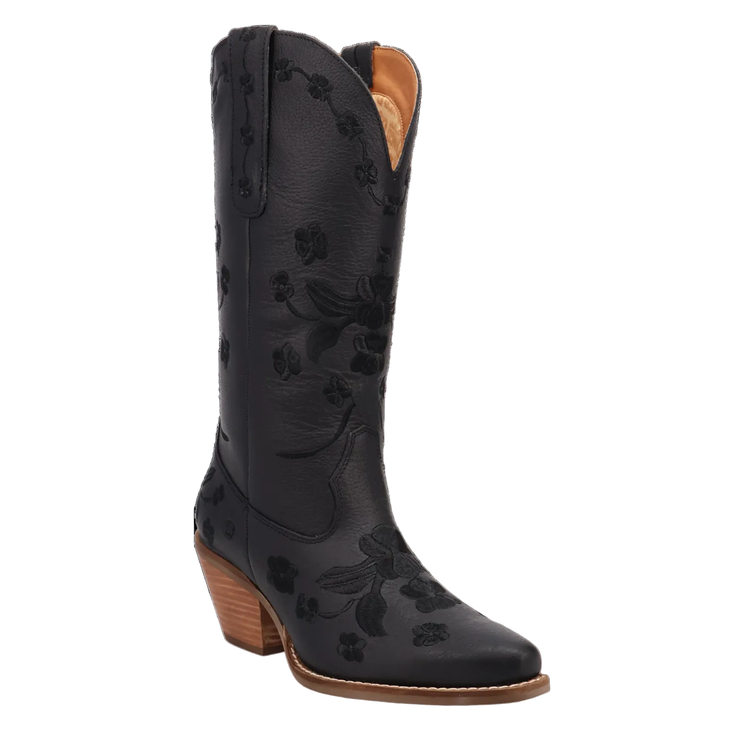 A black leather cowboy boot with floral embossed detailing, a pointed toe, and a stacked wood-look heel, shown against a plain white background.