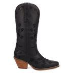 A black leather cowboy boot with an embossed floral pattern, a pointed square toe, and a stacked wood-look block heel, shown against a plain white background.