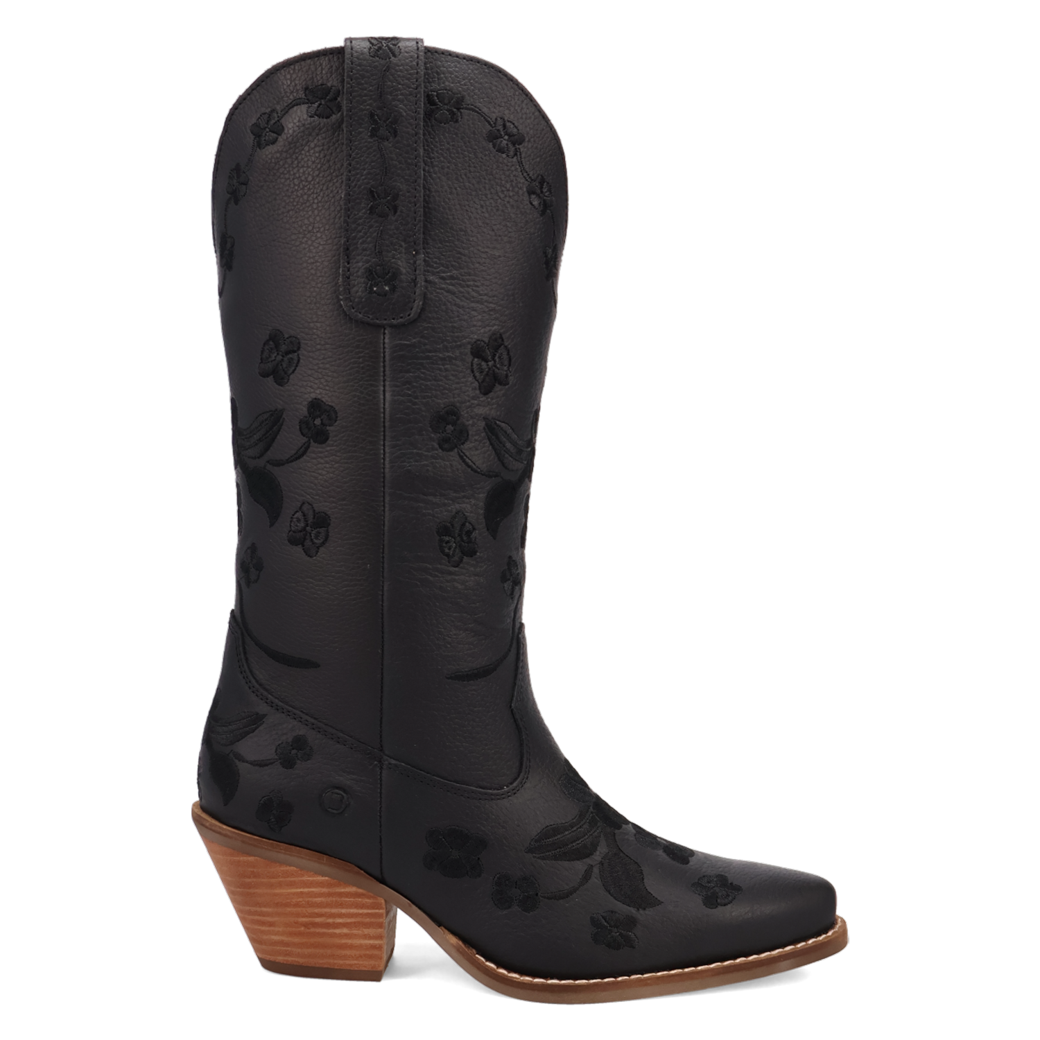 A black leather cowboy boot with an embossed floral pattern, a pointed square toe, and a stacked wood-look block heel, shown against a plain white background.