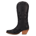 A black leather cowboy boot with an embossed floral pattern, a pointed toe, and a stacked wood-look block heel, shown against a plain white background.