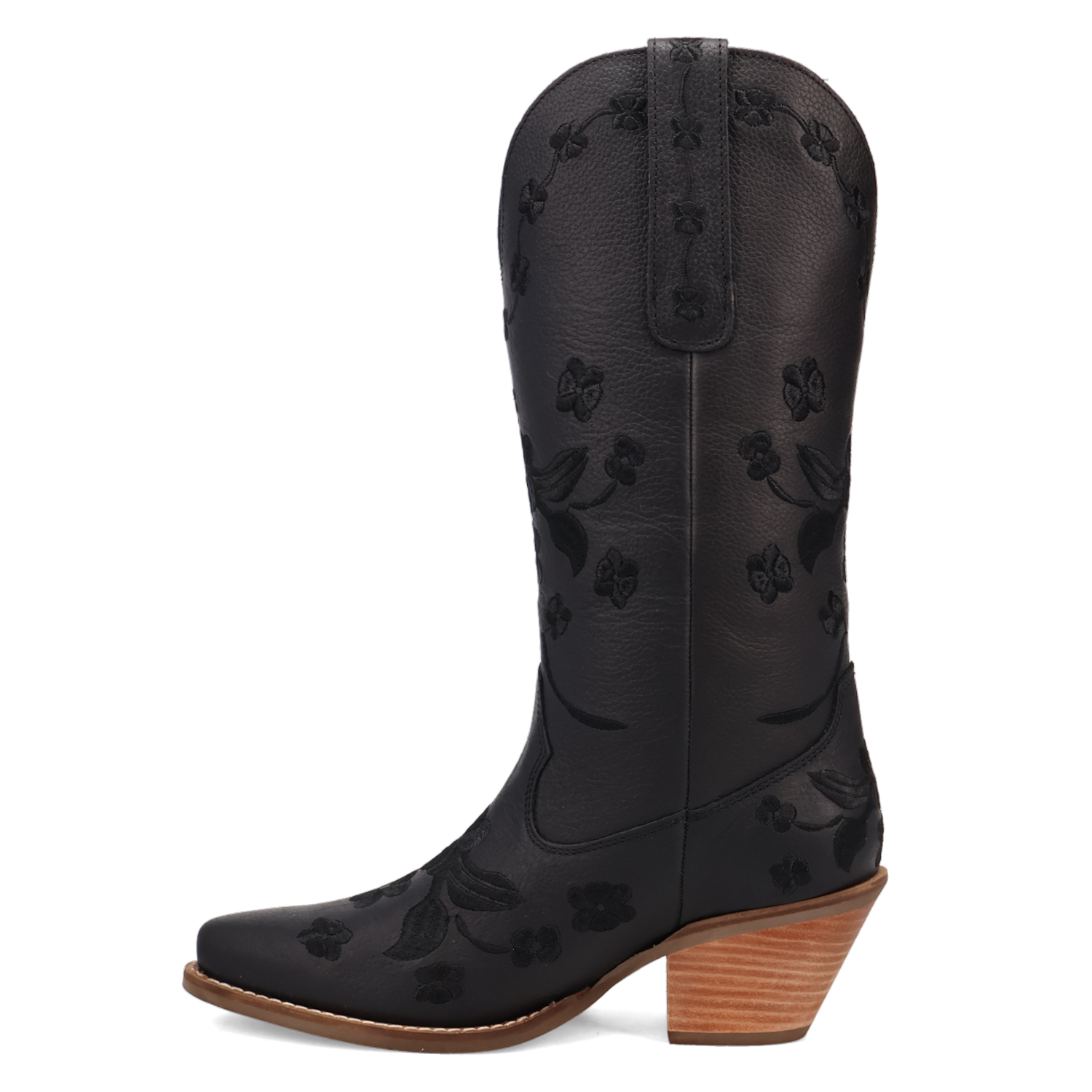 A black leather cowboy boot with an embossed floral pattern, a pointed toe, and a stacked wood-look block heel, shown against a plain white background.