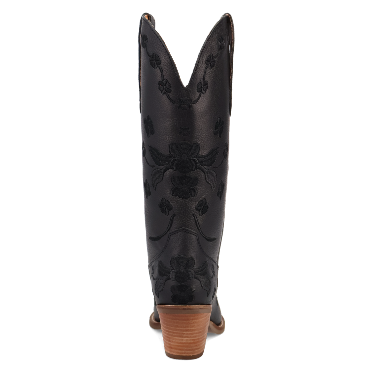 A single black leather cowboy boot shown from the back, featuring black floral debossed embroidery and a stacked brown wooden heel, set against a plain white background.